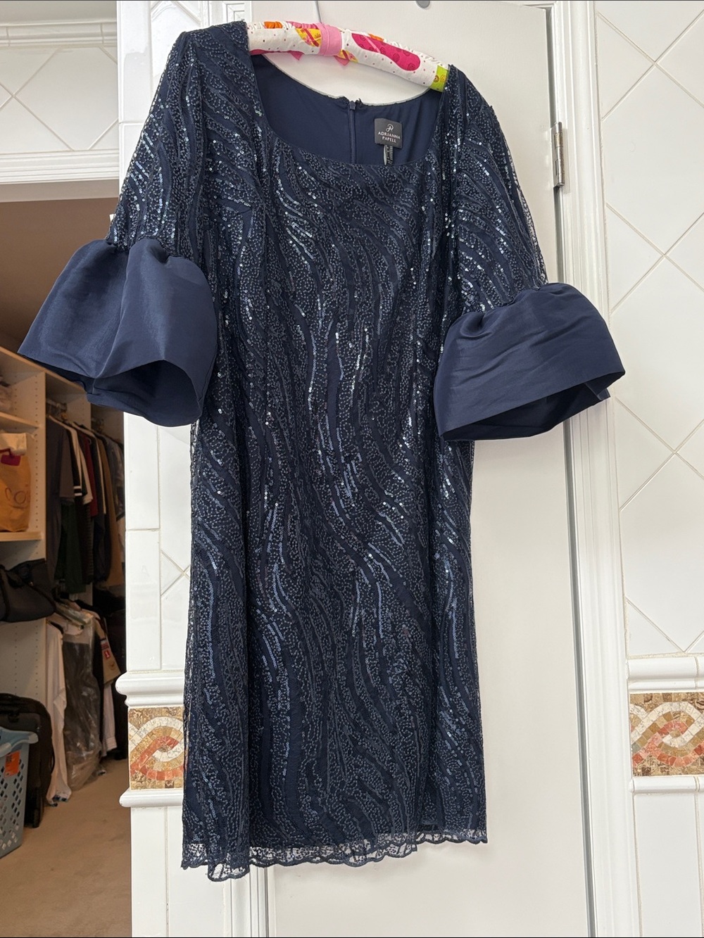 Adrianna Papell Navy Sequin Midi Dress with Statement Puff Sleeves - worn once